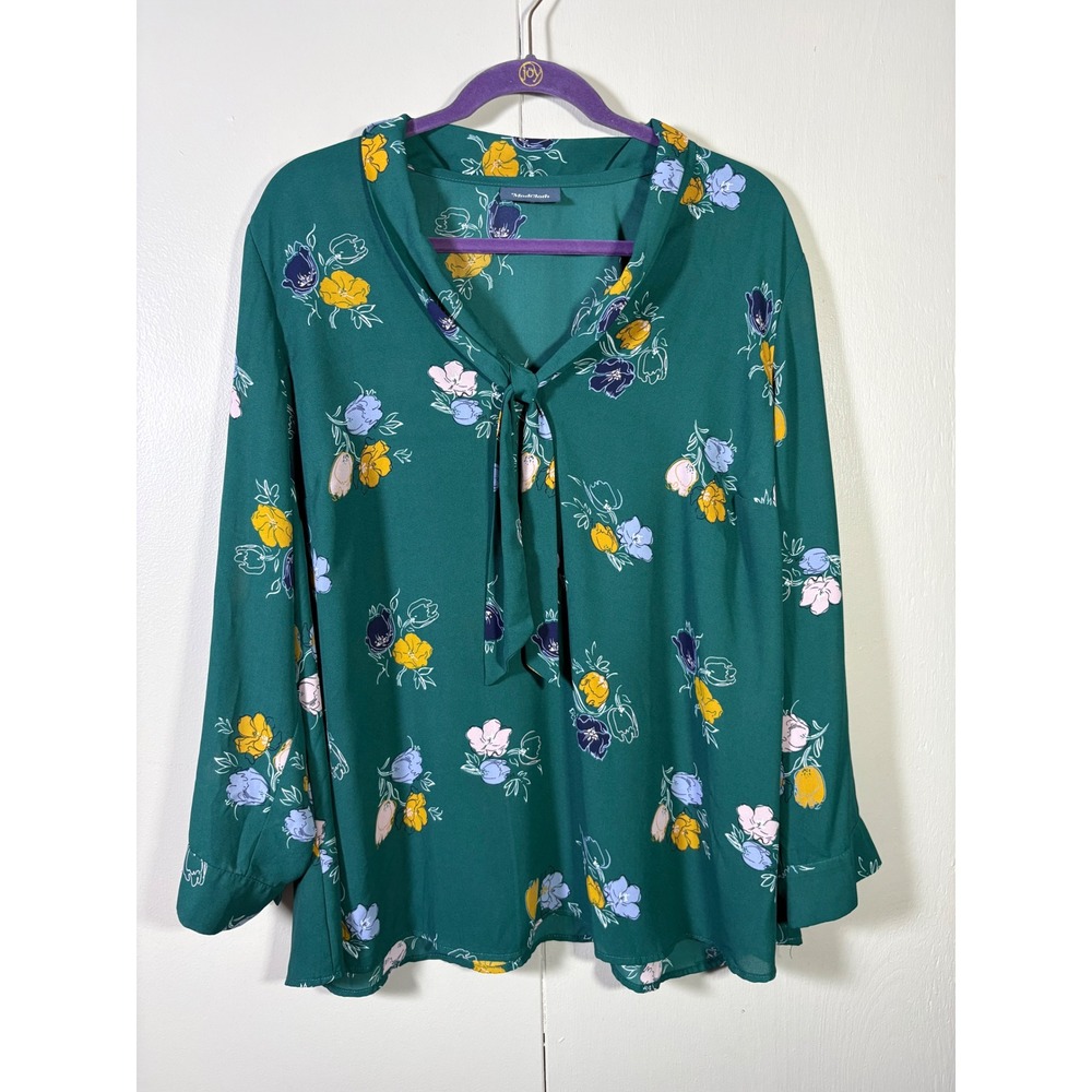 ModCloth Green Floral Tie Neck Blouse Whimsy Cottagecore Retro Boho Garden Party